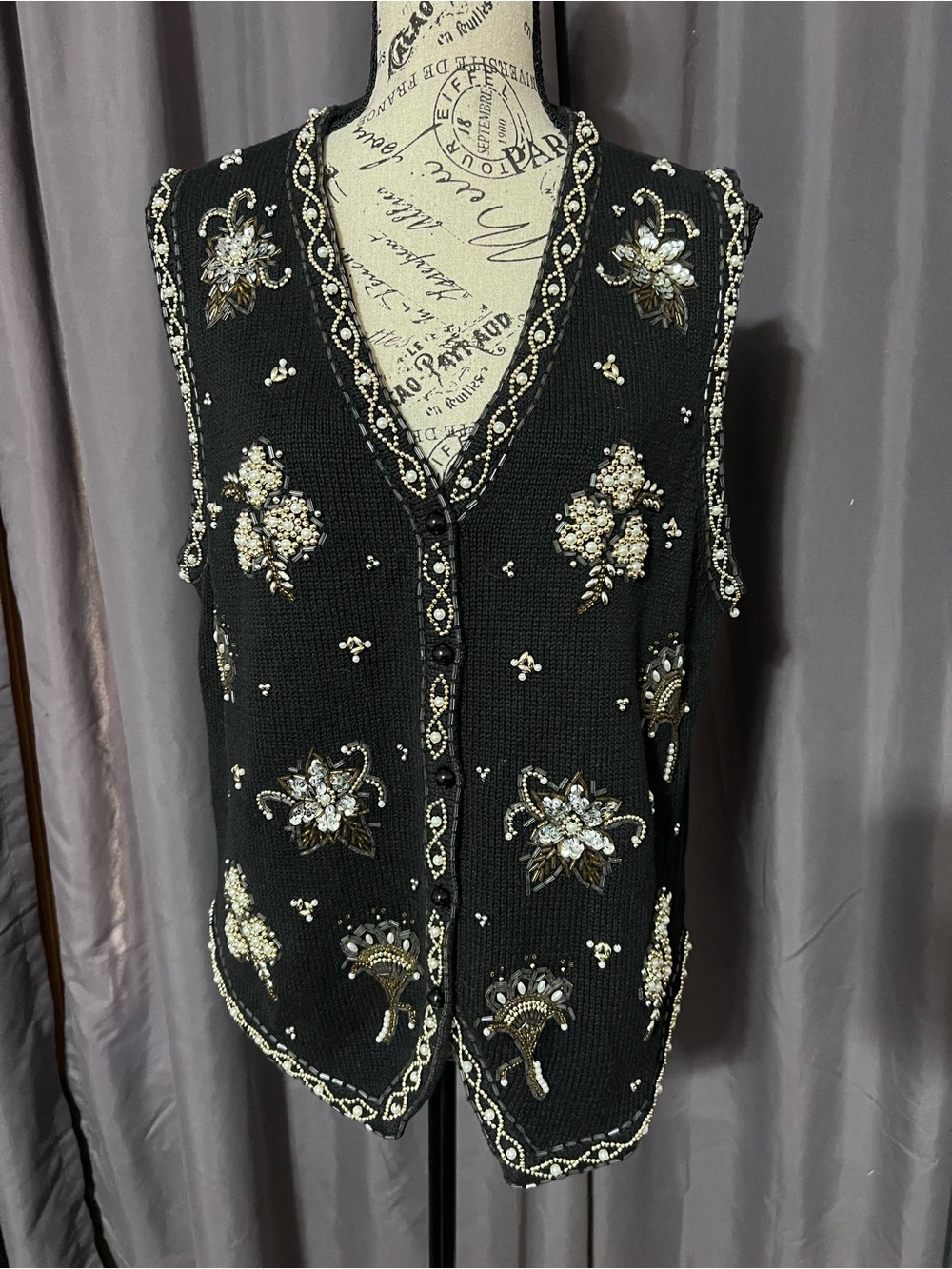 VTG Yarnworks Beaded Sequined Flower Sweater Vest Sz L Black Ramie Cotton